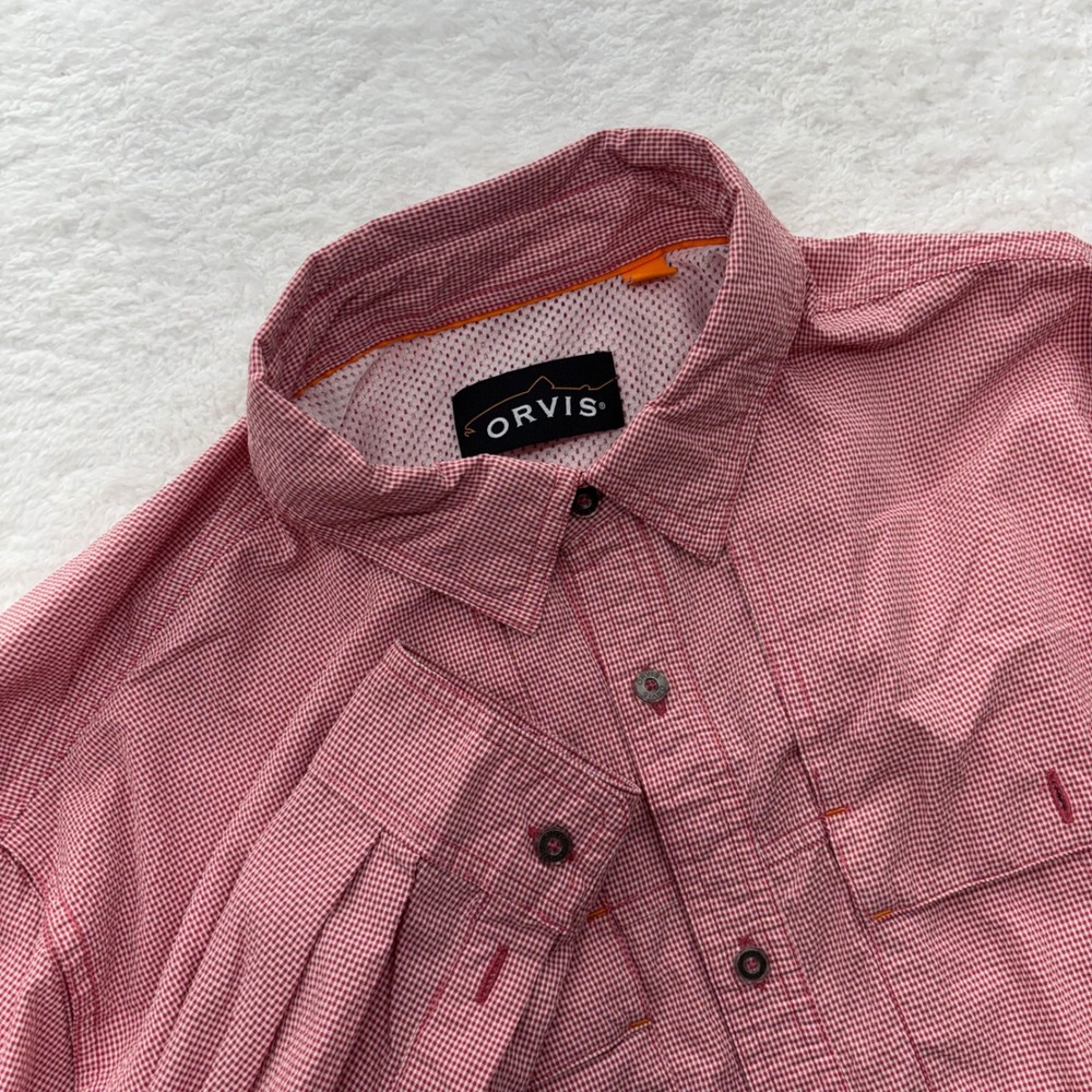 Orvis Mens Large Red Gingham Long Sleeve Ventilated Fishing Hiking Shirt L